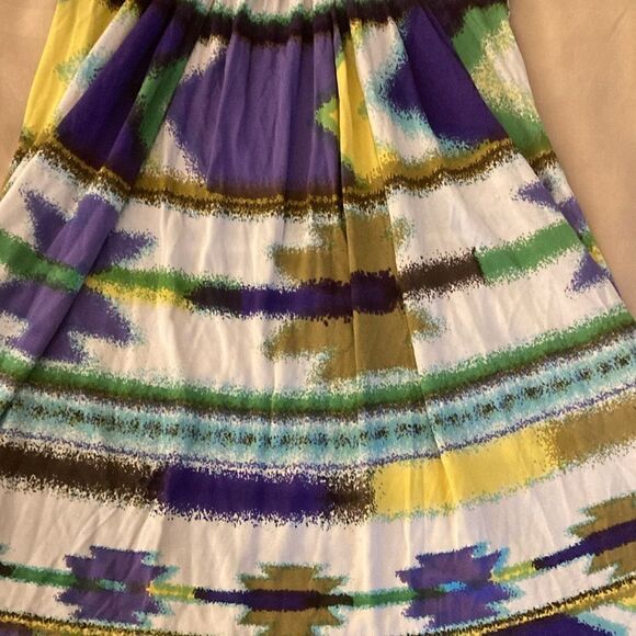 Sky Halter embellished Mini Dress. Yellow/purple/green Abstract Print. Size XS. - Picture 8 of 8